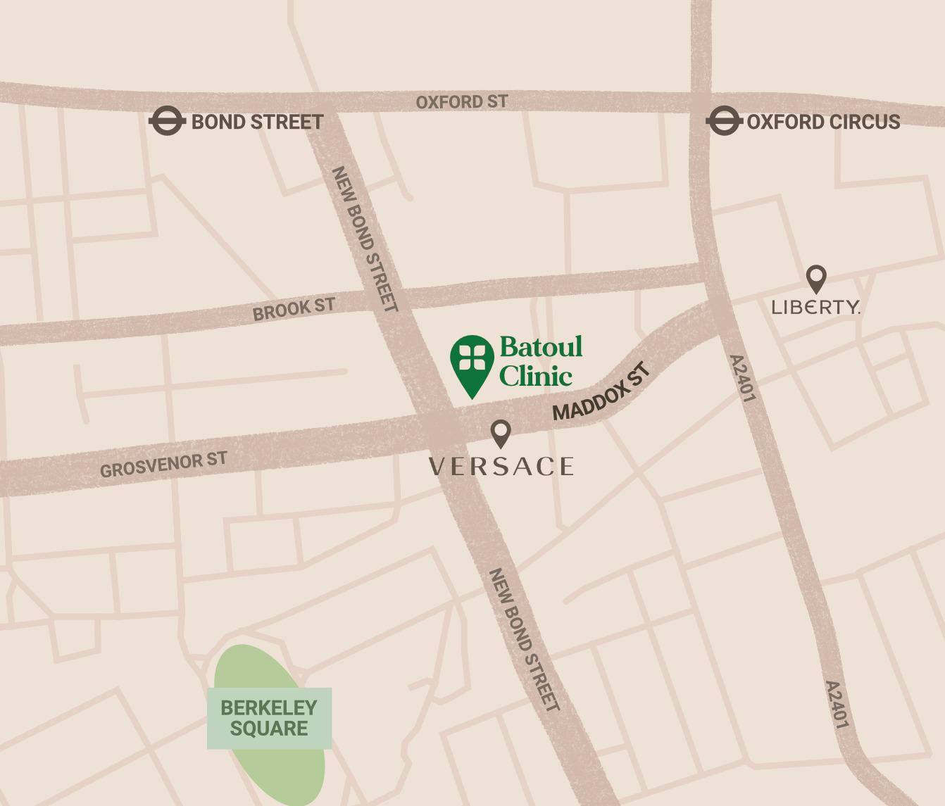 Batoul Clinic location on Maddox Street, Mayfair